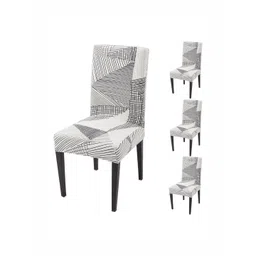 HOKIPO 4 Pcs White & Black Printed 140 GSM  Fully Covered Chair Cover-picture-38