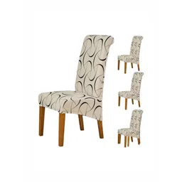 HOKIPO Beige & Black 4 Pieces Printed 140 GSM Stretchable Chair Covers-picture-25