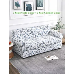 HOKIPO Frost Blue Foliage Blue & White 4 Pieces Printed 3 Seater Sofa Cover With Arms-picture-24