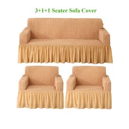 HOKIPO Light Brown Solid 5 Seater Fully Covered Stretchable Sofa Cover-picture-21