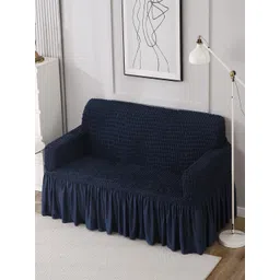 HOKIPO Navy Blue Stretchable 3 Seater Bubble Frill Sofa Cover With Arms-picture-25