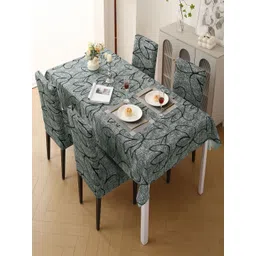 HOKIPO Set Of 5 Grey & Black Printed Dining Chair Cover With Matching Tablecloth-picture-33