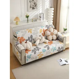 HOKIPO White & Orange Printed Polyester 2 Seater Sofa Mat with Pockets-picture-11