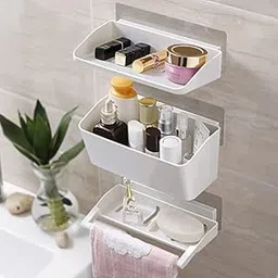 HOKIPO Magic Sticker Self-Adhesive 3 Tier Plastic Bathroom Organizer Shower Caddy with Towel Rail (White)-picture-10