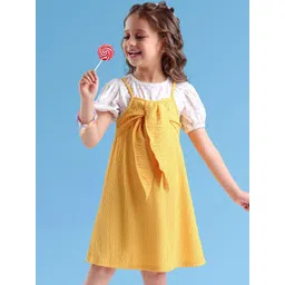 Hola Bonita Girls Polka Dots Self Design Bow Pinafore Knee Length Dresses-picture-29