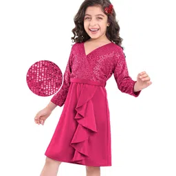 Hola Bonita Knit Full Sleeves All over sequin front overlaping with Scuba Ruffle Party Dress - Fuchsia-picture-19
