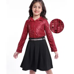 Hola Bonita Knit Full Sleeves Shimmer Sequinned Shirt and Skirt - Maroon & Black-picture-18