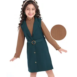 Hola Bonita Knit Full Sleeves Solid Color Inner Tee with Frock & Belt - Brown & Dark Green-picture-26