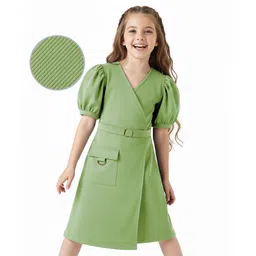 Hola Bonita Knit Half Puffed Sleeves Overlap Solid Dress with Pocket Detailing - Olive Green-picture-15
