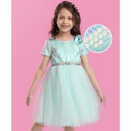 Hola Bonita Knit Half Sleeves Glitter Mesh Party Dress With Sequin Detailing & Floral Applique - Light Blue-picture-21
