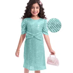 Hola Bonita Knit Half Sleeves Mesh Party Dress With Sequin Detailing - Mint Green-picture-17