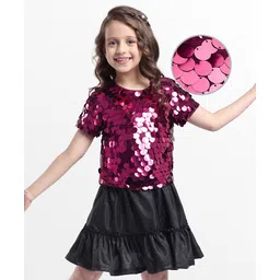 Hola Bonita Knit Half Sleeves Sequinned Party Top & Shimmer Mesh Skirt Set - Wine & Black-picture-27