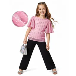 Hola Bonita Knit Half Sleeves Shimmer Party Top & Pant Set - Pink & Black-picture-25