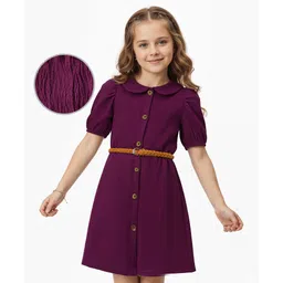 Hola Bonita Knit Half Sleeves Texture Solid Color Dress With Belt - Purple-picture-27