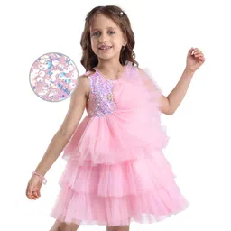 Hola Bonita Knit Sleeveless Glitter Mesh Party Dress With Sequin Detailing - Pink-picture-12