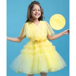 Hola Bonita Knit Sleevless Dress With Floral Applique & Glitter Mesh - Yellow-picture-10