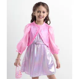 Hola Bonita Woven Full Sleeves Shiny Party Wear Dress & Shrug with Belt - Pink-picture-11