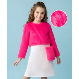 Hola Bonita Woven Full Sleeves Tee & Dress with Sling Bag & Fur Detailing - Pink & White-picture-18