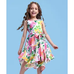 Hola Bonita Woven Sleeveless Dress With Floral Print & Handkerchief Hem - Pink & White-picture-38