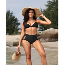 holipick Women Retro Sexy High Waisted Bikini Swimsuit Bottom Ruched Strappy Solid Swim Briefs Black S image 2