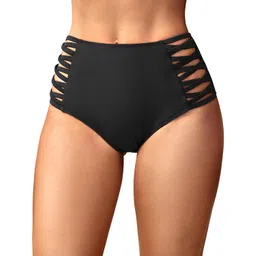 holipick Women Retro Sexy High Waisted Bikini Swimsuit Bottom Ruched Strappy Solid Swim Briefs Black S image 1