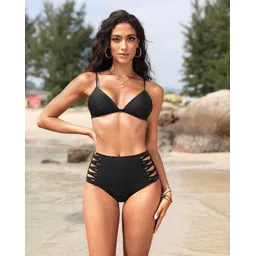 holipick Women Retro Sexy High Waisted Bikini Swimsuit Bottom Ruched Strappy Solid Swim Briefs Black S image 3