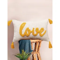 HOMADORN Off White & Yellow Embroidered Rectangle Pure Cotton Cushion Cover-picture-17
