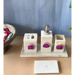 home arte Marble with Agate Bathroom Vanity Setof 5 Includes Tray Toothbrush Tissue Holder Soap Dispenser & Soap Tray In Pink-picture-28