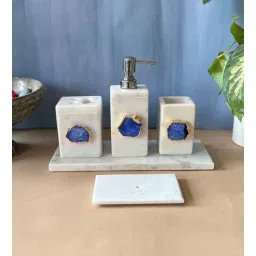 home arte Marble with Agate Bathroom Vanity Setof 5 Tray Toothbrush Tissue Holder Soap Dispenser & Soap Tray In Blue-picture-29