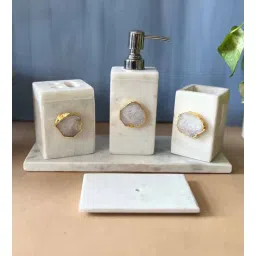 home arte Marble with Agate Bathroom Vanity Setof 5 Tray Toothbrush Tissue Holder Soap Dispenser & Soap Tray In White-picture-25
