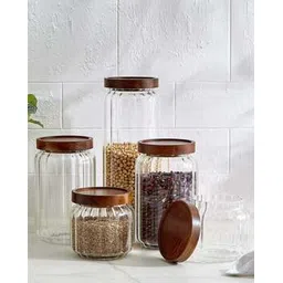 home centre Set of 5 Glass Storage Canisters with Wood Lid-picture-50