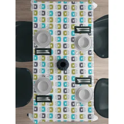 HOME COLORS.IN White & Blue Geometric Printed Cotton 6-Seater Table Cover image 4