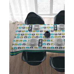 HOME COLORS.IN White & Blue Geometric Printed Cotton 6-Seater Table Cover image 3