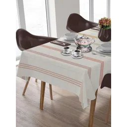 HOME COLORS.IN White & Peach Colored Striped Cotton 8-Seater Table Cover-picture-23