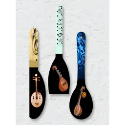 Home Delight 3 Pieces Black & Blue Printed Wooden Spatula Veena Wall Hangings-picture-25