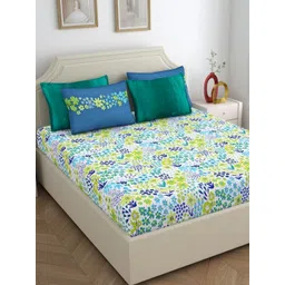 Home Ecstasy Blue & White Floral 140 TC Pure Cotton Queen Bedsheet With 4 Pillow Covers-picture-20