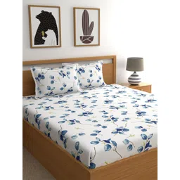 Home Ecstasy Blue & White Floral Pure Cotton 140 TC Queen Bedsheet with 2 Pillow Covers-picture-25