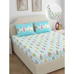 Home Ecstasy Blue & White Printed 140TC Pure Cotton Fitted King Bedsheet Set 1.83m x 1.98m-picture-37