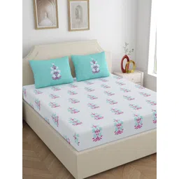 Home Ecstasy Teal & White Floral Printed Cotton 140 TC King Bedsheet 2.20 m X 2.74 m-picture-29