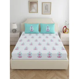 Home Ecstasy Turquoise Drift Cotton Floral 140 TC Double Bedsheet with 2 Pillow Covers-picture-44