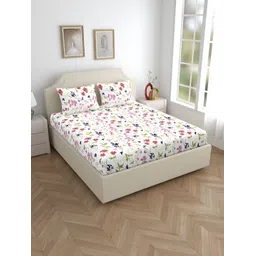 Home Ecstasy White & Blue Floral 140 TC Cotton Queen Bedsheet with 2 Pillow Covers-picture-28