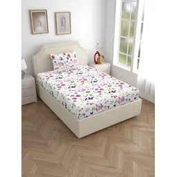 Home Ecstasy White & Blue Floral 140 TC Cotton Single Bedsheet with 1 Pillow Covers-picture-12