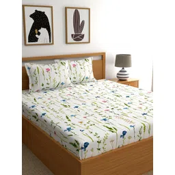 Home Ecstasy White & Blue Floral 140 TC King Bedsheet with 2 Pillow Covers-picture-30