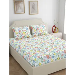 Home Ecstasy White & Blue Floral Pure Cotton 140 TC Double Queen Bedsheet Set-2.20mX2.39m-picture-32