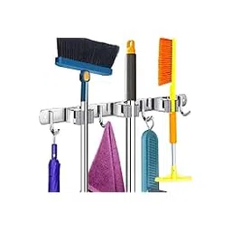 Home Elem Broom Mop Holder Wall Mount Stainless Steel Wall Mounted Storage Organizer Heavy Duty Tools Hanger with 3 Holder 4 Hooks for Kitchen Bathroom Closet Garage Office Garden 1Pc Hanging Shelves-picture-19