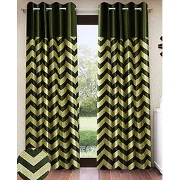 Home Sizzler 2 Pieces Solid Patch Zigzag Print Eyelet Polyester Window Curtain - 5 Feet, Green-picture-32