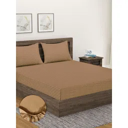 Home Sizzler Beige Striped 300 TC Cotton King Fitted Bedsheet with 2 Pillow Covers-picture-17