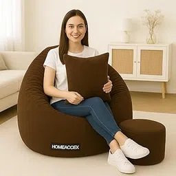 Homeaccex 3XL Velvet Filled Bean Bag Combo with Cushion and Footstool | XXXL Bean Bag Chair with Footstool | Capacity Upto 120 Kg | Brown-image-8