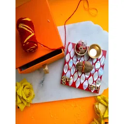 HOMEARTE Red Square Shape Shubh Labh Pooja Platter With Roli Chawal Pot-picture-29