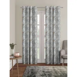 HOMEBREW FURNISHINGS Grey & White 2 Pieces Floral Printed Black Out Long Door Curtains-image-20